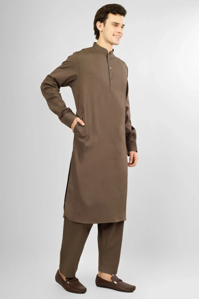 brown stretch kameez shalwar for men
