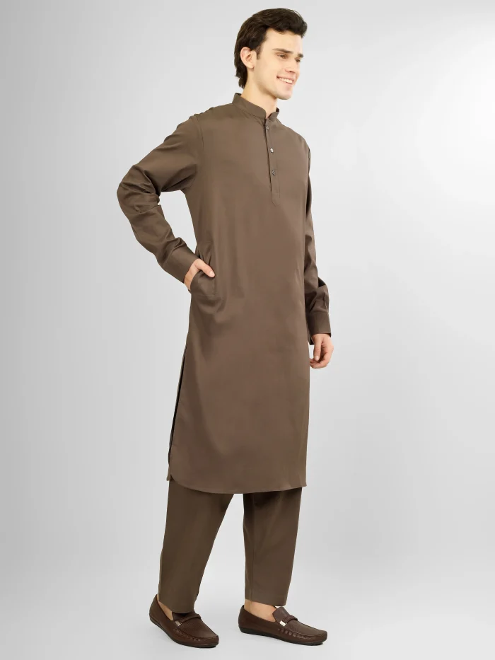 brown stretch kameez shalwar for men