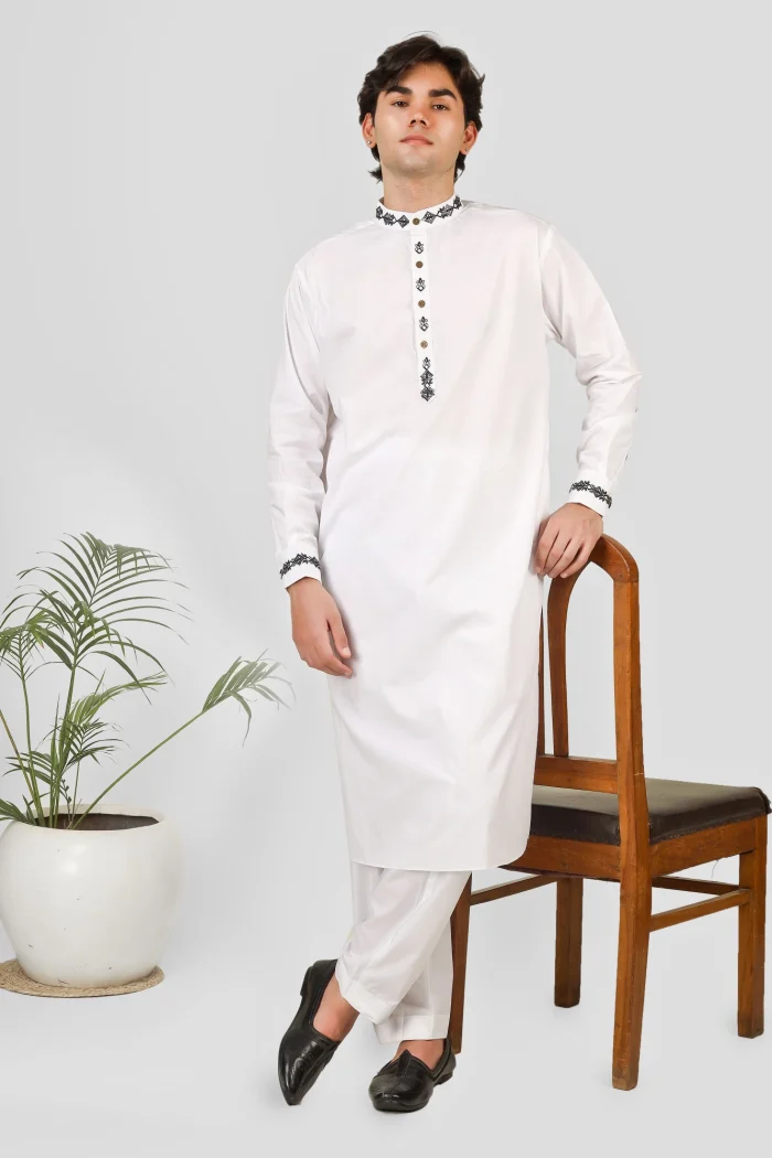 embroidered white kurta pajama for men