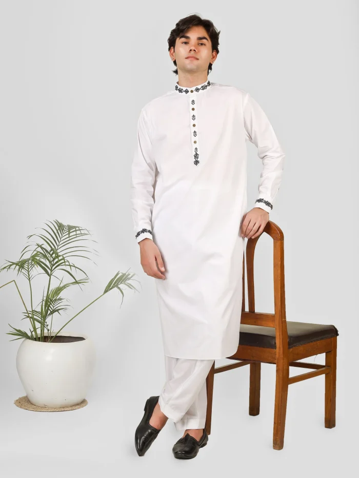 embroidered white kurta pajama for men