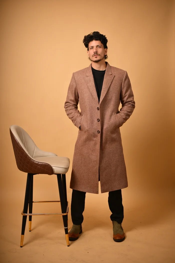 brown herringbone winter overcoat