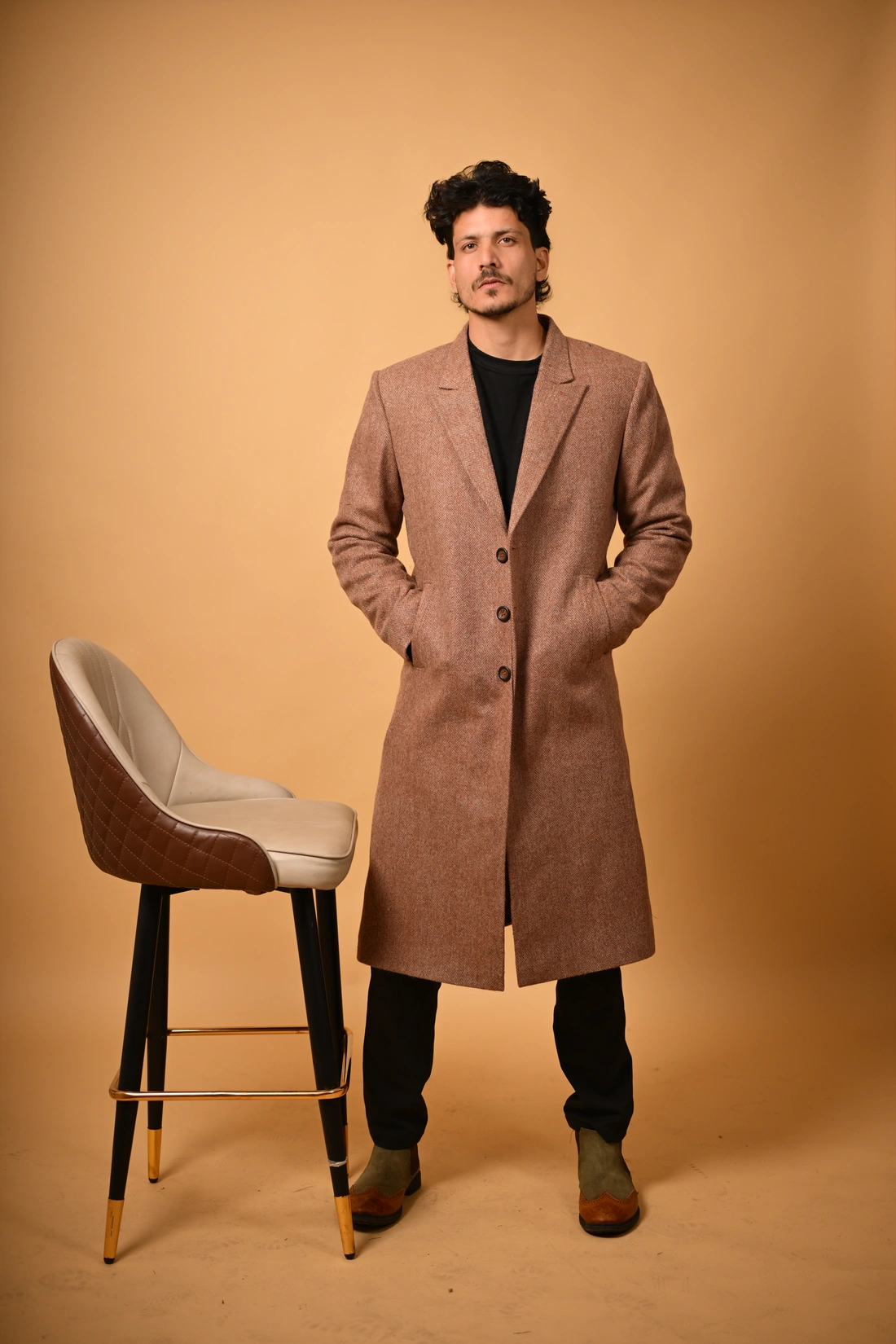 brown herringbone winter overcoat