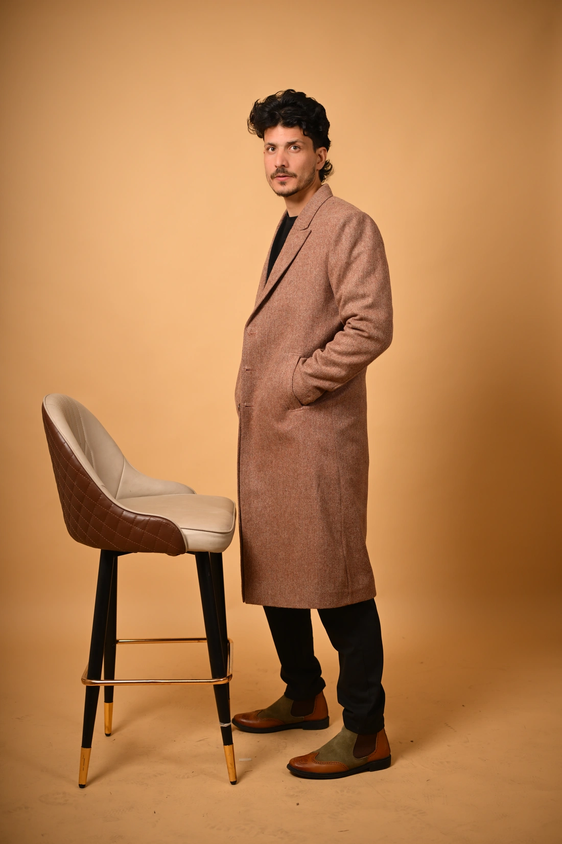brown herringbone winter overcoat
