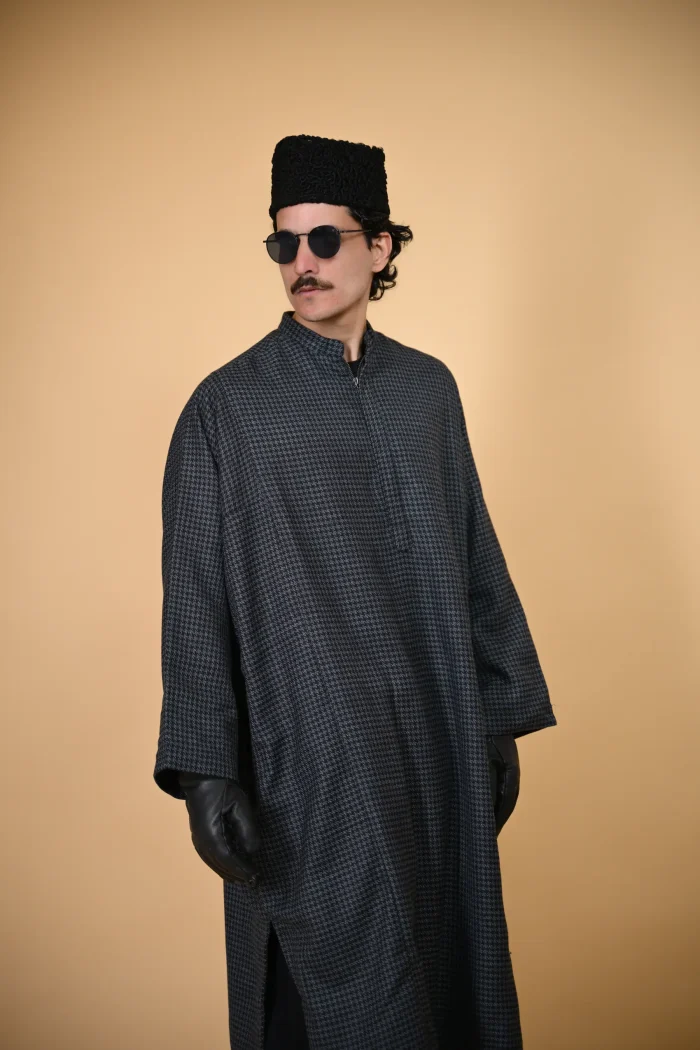 Blue houndstooth Tweed Pheran For Men