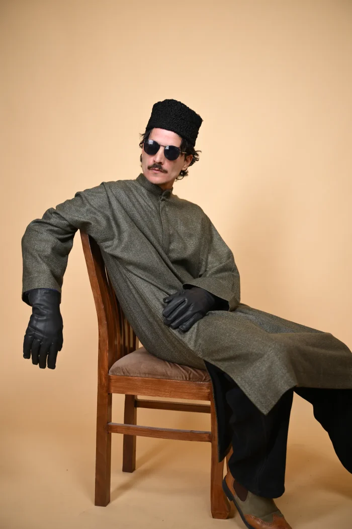 Green Micro Check Pheran For Men